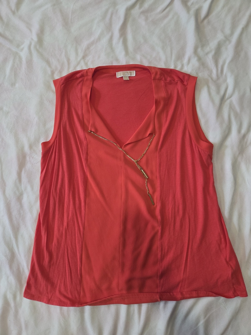 Michael Kors Coral Red Sleeveless Chain-Trim V-Neck Tank